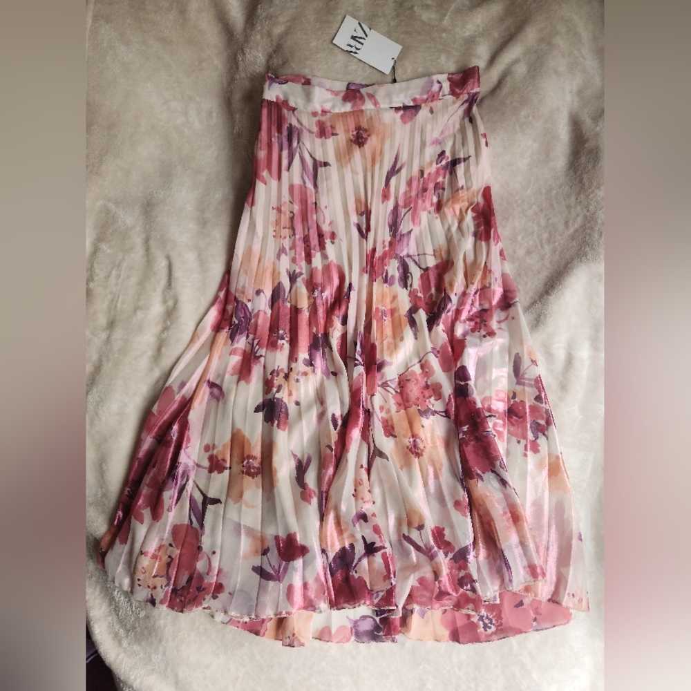 Zara floral pleated midi skirt multicolored pink BNWT - Picture 11 of 14